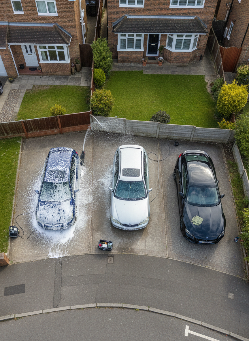 A bird’s-eye view of a suburban London cul-de-sac where three different cars—a compact hatchback, a family estate, and a sporty coupe—are lined up in a neat row on adjacent driveways, each at a different stage of washing. One is covered in thick, white foam; another is mid-rinse with water streaming off; the third is fully dried and gleaming. Compact, cordless pressure washers, buckets, and detailing caddies are strategically placed beside each car. Soft midday daylight provides even, neutral illumination, with subtle reflections in the clean paintwork. The composition has strong geometric lines from driveways and curbs, delivering a bold, organized, and efficient feel in crisp photographic realism.