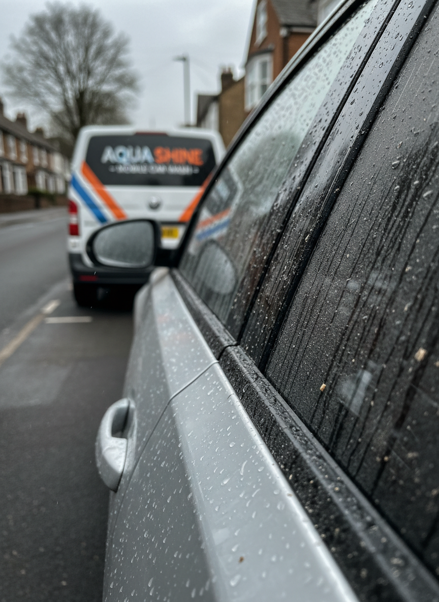 A close-up, cinematic shot of a metallic silver car door, half covered in a dull film of city grime and half flawlessly clean, revealing a mirror-like shine. Tiny water droplets cling to the clean side, catching the cool, overcast London daylight. In the blurred background, a compact mobile car wash van with bold, modern branding is parked along a quiet residential street. The camera is positioned at a low, tight angle, emphasizing the dramatic contrast between dirty and clean surfaces. The lighting is crisp and photographic, with strong detail and texture, creating a bold, high-impact visual that communicates the effectiveness of the mobile wash service.