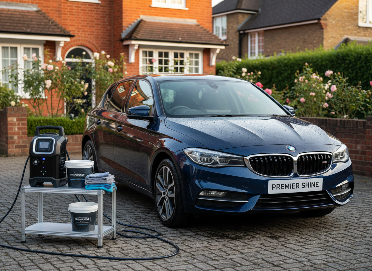 A sleek, midnight-blue hatchback with water droplets beading across its freshly polished body, parked in a private London driveway. A compact, high-tech mobile pressure washer unit and neatly coiled hoses stand beside the car, with branded buckets and microfiber cloths arranged on a low, foldable work table. Late afternoon natural light creates crisp reflections along the car’s curves and bold highlights on the chrome details, while the background houses and hedges fall into a soft blur. Shot at eye level with a shallow depth of field, the composition feels bold and dynamic, emphasizing photographic realism and the premium, at-your-doorstep car wash experience.