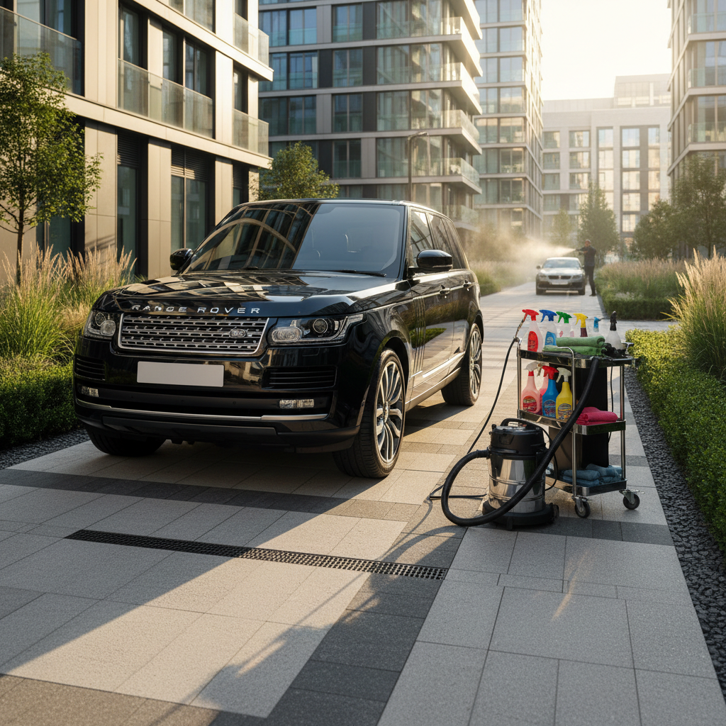 A glossy black SUV parked in a modern apartment block courtyard, surrounded by geometric paving stones and minimalist landscaping. Beside the vehicle, a portable detailing cart holds color-coded spray bottles, plush microfiber towels, a foam cannon, and a compact wet-dry vacuum, all neatly organized. Early morning light filters through nearby buildings, casting long, defined shadows and illuminating the fine mist from an active pressure washer in the background. Captured from a slightly elevated three-quarter angle, the entire scene is in sharp focus, with vibrant, high-contrast photographic realism. The mood is bold, efficient, and professional, showcasing a premium mobile car wash operation in an urban London setting.